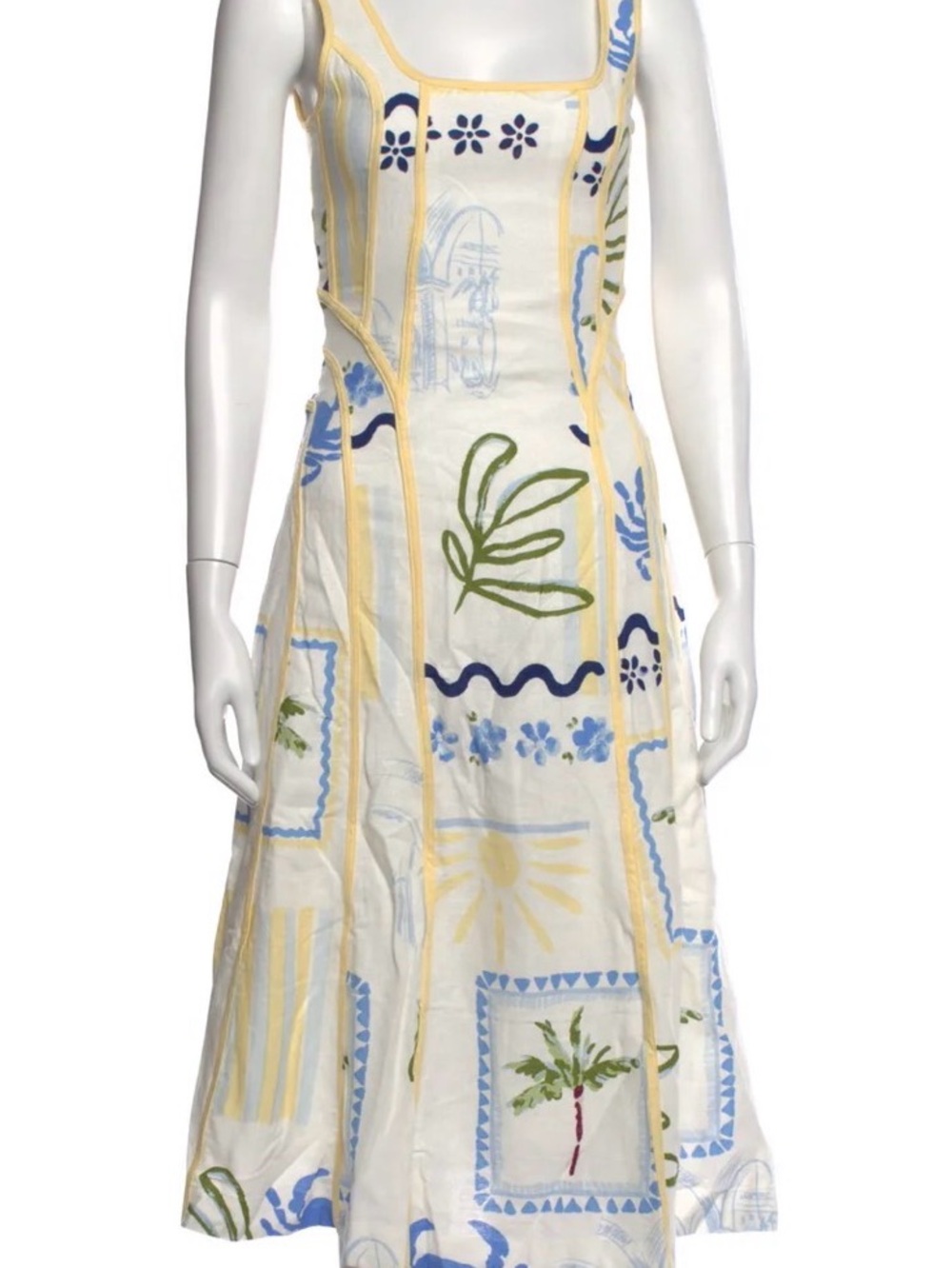 NWOT caroline constas size xxs linen White Printed Maxi Dress with Yellow